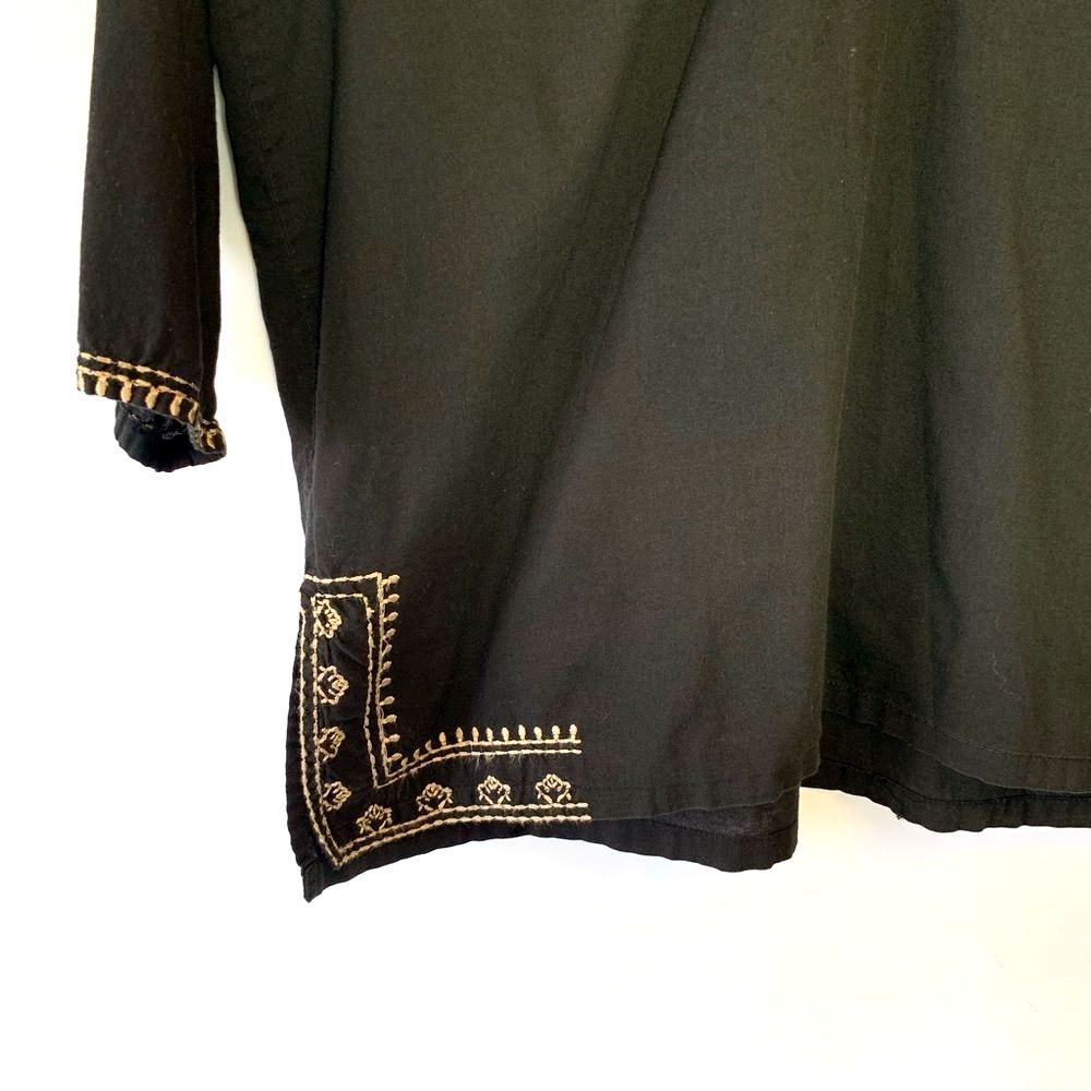 Rebecca Malone Petite Black Embroidered Boho Top PM 3/4‎ Sleeve Cotton Blouse - Picture 4 of 5